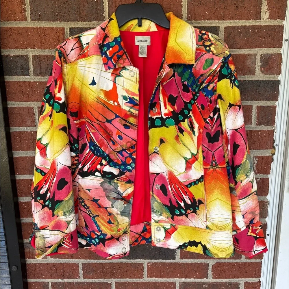 Chico’s women’s butterfly abstract print jacket size small 8 Fall casual cruise - Picture 3 of 4